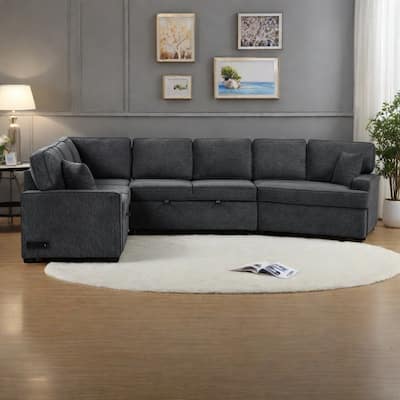 126" Chenille L-Shaped Sectional Sofa Bed with USB Charging and Drop-Down Bed