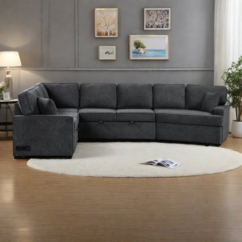 126" Chenille L-Shaped Sectional Sofa Bed with USB Charging and Drop-Down Bed