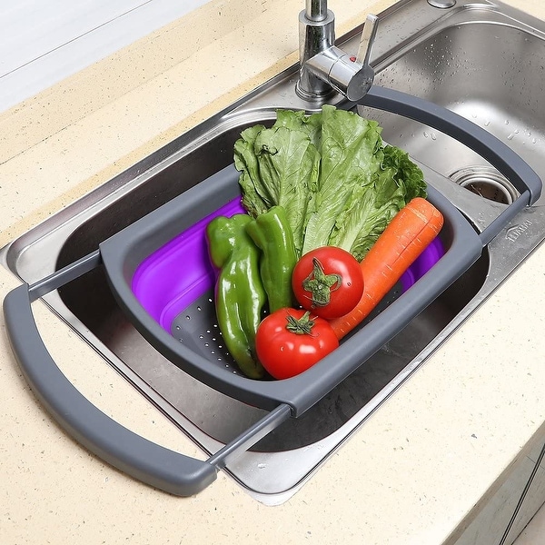 Kitchen Collapsible Colander【2020 New Version】Colander Strainer Over The Sink Vegetable/Fruit Colanders Strainers With Extendable Handles white and yellow Folding Strainer for Kitchen