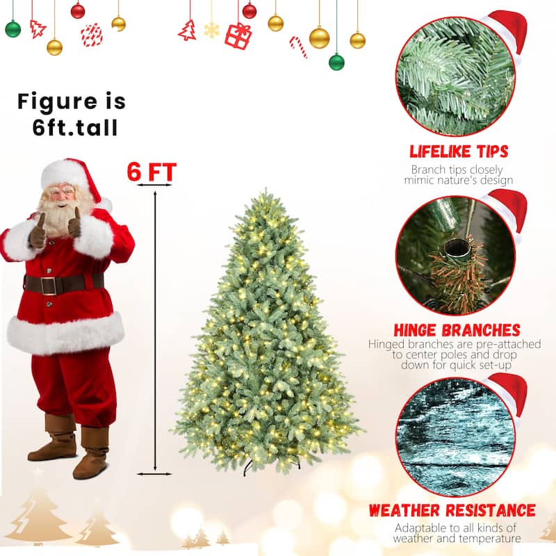 8FT Blue-Green Tint Pre-Lit Christmas Tree with 900 Warm White LED Lights - 3308 PE+PVC Tips, Hinged Branches,Metal Stand