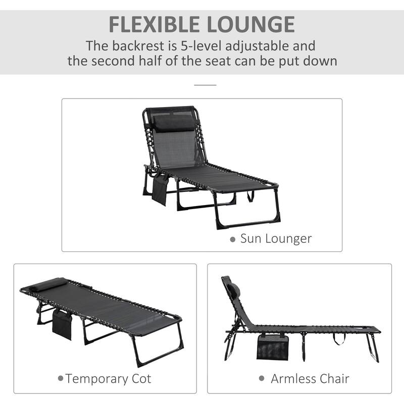 Sunbed Folding Recliner with Headrest and Side Pockets