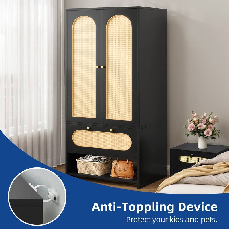 Moasis 70" Rattan Armoire Bedroom Wardrobe with Drawer & Hanging Rod