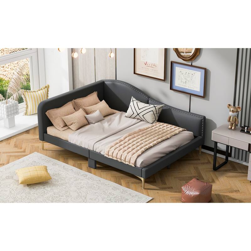 Twin/Full Size Upholstered Daybed with Headboard and Armrest, Linen Day Bedframe Sofa Bed with Support Legs and Sturdy Slats