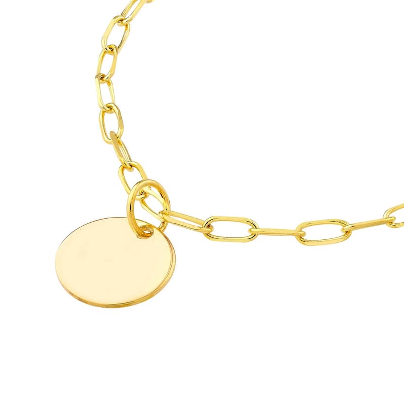 Curata 14k Yellow Gold 18" 7.9mm Dangle Disc on 1.7mm Paperclip Chain Necklace