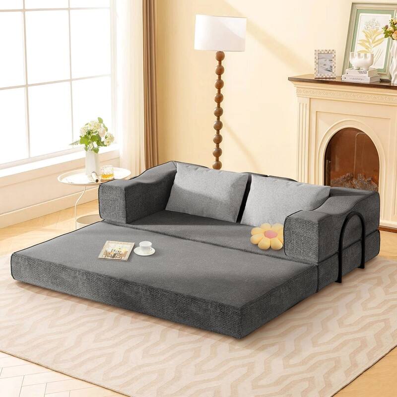 80" Convertible Couch Bed with Removable Cushions and Pillows, 3-Seat Folding Floor Couch & King Size Bed Mattress