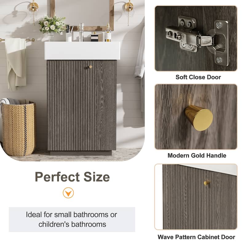 21.6" Bathroom Vanity with Ceramic Sink, Freestanding Left Door Wood Grain Cabinet with Open Storage