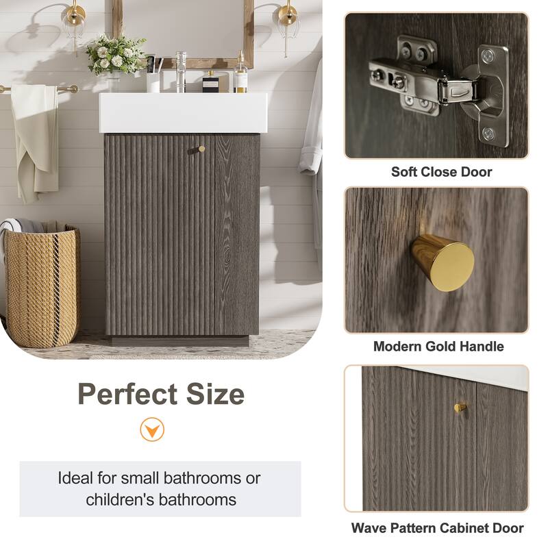 22" Bathroom Vanity with Ceramic Sink - Freestanding Modern Wood Grain Cabinet, Open & Closed Storage for Small Bathrooms