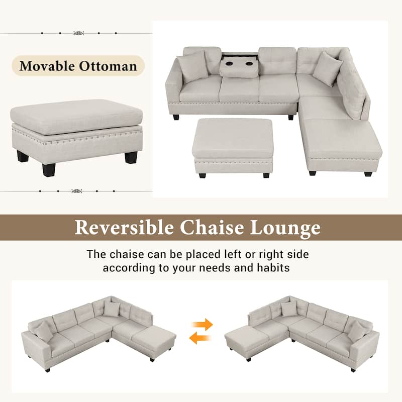105.1" Velvet L-Shaped Sectional Sofa with Reversible Chaise, Storage Ottoman and Cup Holders
