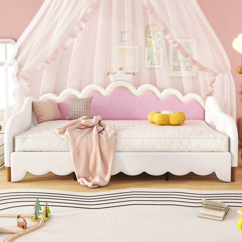 Twin Extending Daybed with LED Lights, Modern Upholstered Princess Daybed With Crown Headboard