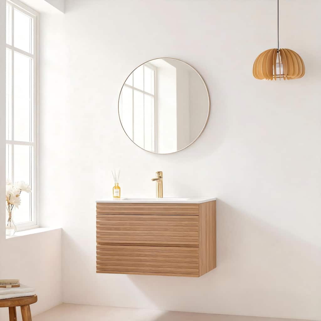 Modland 30" Wall Mount Bathroom Vanity with Ceramic Sink - 2 Soft-Close Drawers, Silk Mist Oak - 30 inch