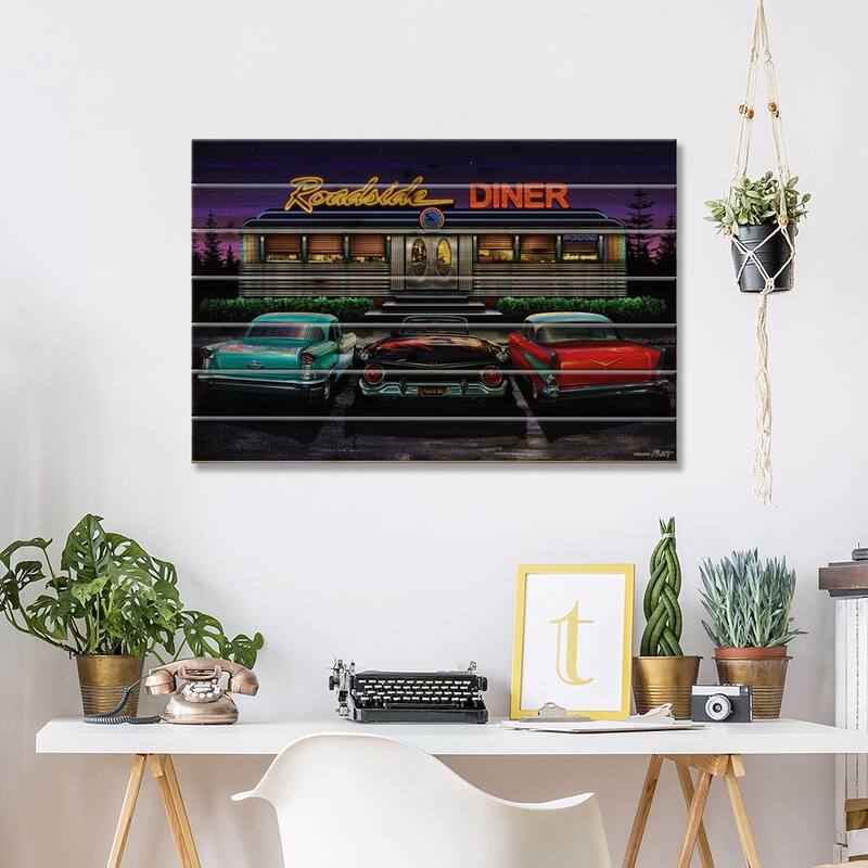 Roadside Diner I Print On Wood by Helen Flint - Multi-Color