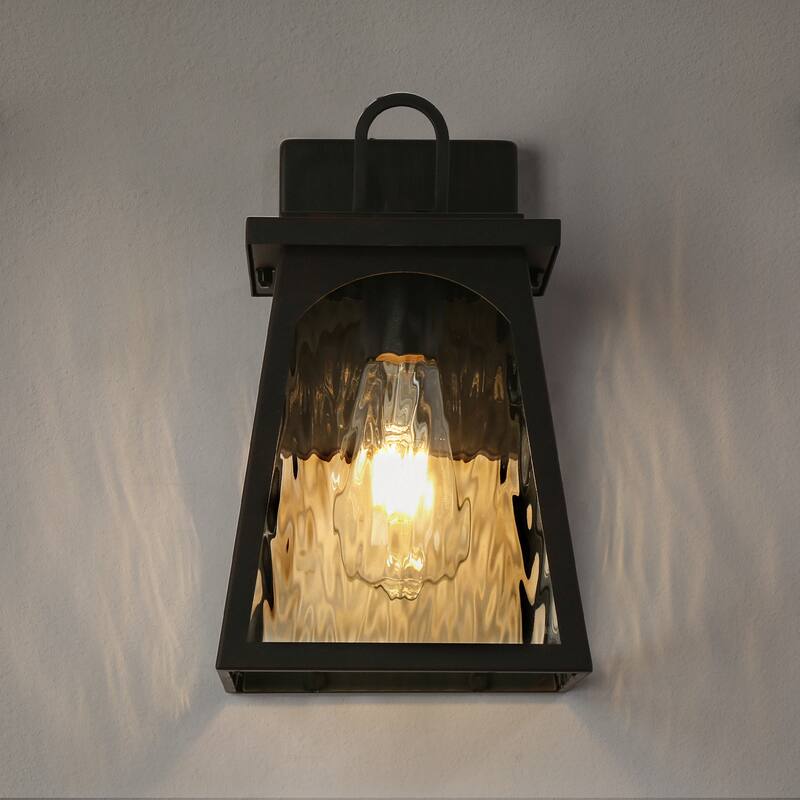 Modern Farmhouse 1-Light Black Outdoor Wall Sconce Water Ripple Glass Patio Lights - W 6.7" x H 11" x D 7.1"
