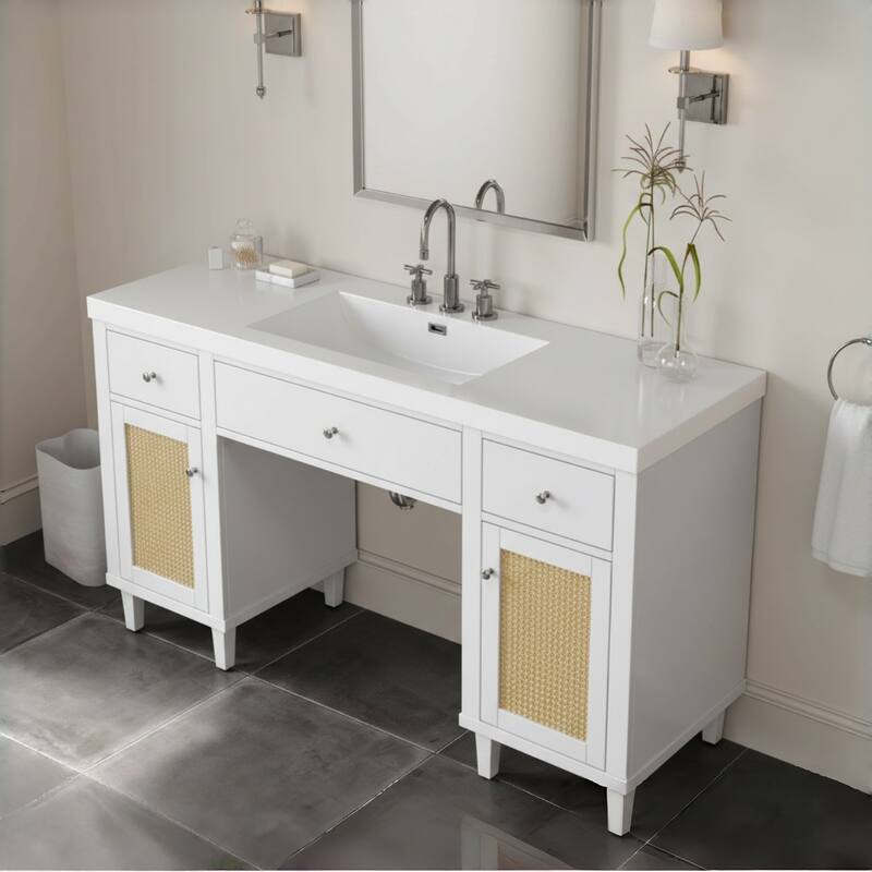60 Inch Bathroom Vanity with SMC Sink, Modern Spacious Bathroom Storage Cabinet with Soft Close Drawers and Tip-Out Tray