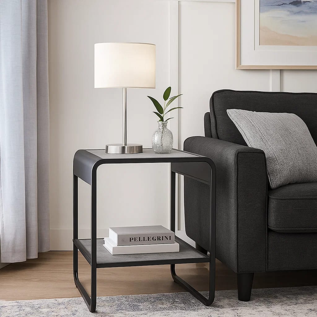 Ish 21 Inch Modern End Table with Open Shelves, Wood, Gray, Black