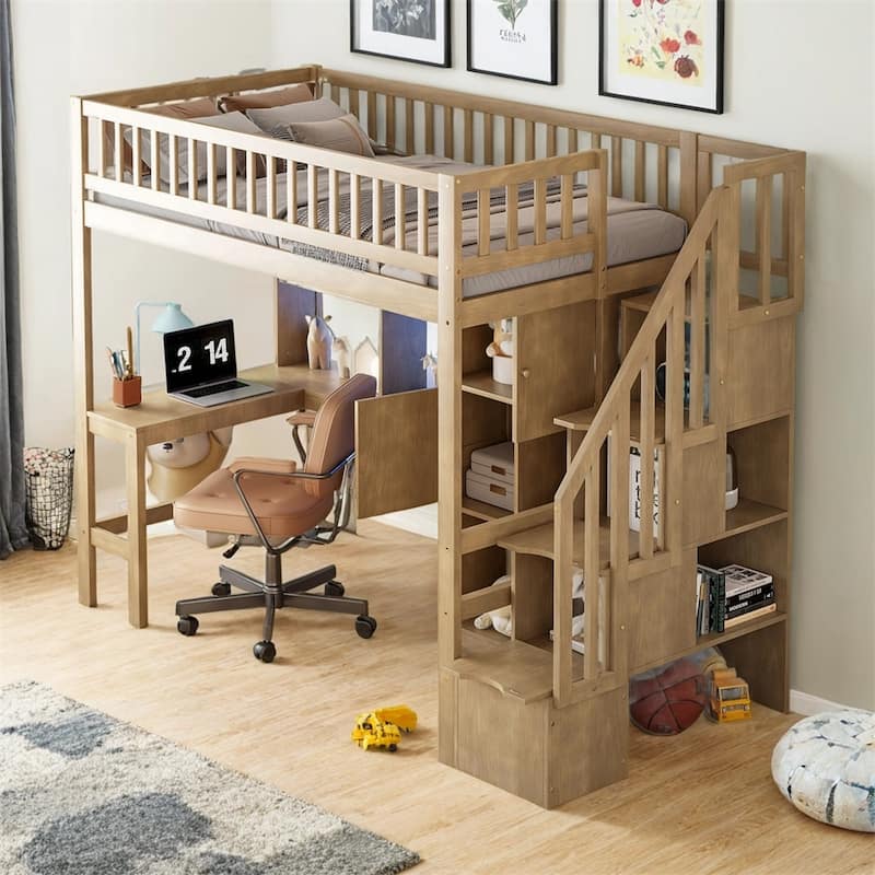 Wood Twin Size Loft Bed w/Built-in Desk,LED,Storage Shelves,Cabinets