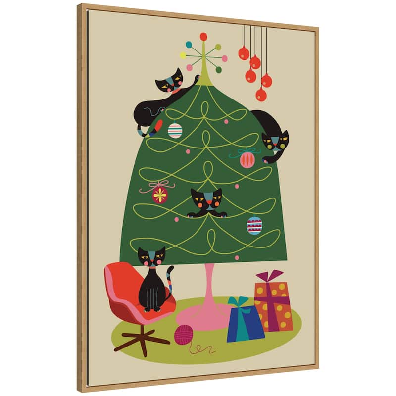 Kate and Laurel Sylvie Framed Canvas Retro Cats And Christmas Tree by Rachel Lee - Brown