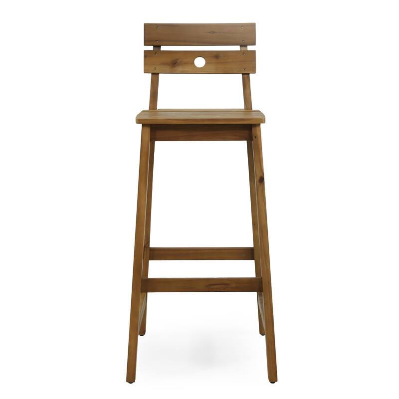 Roomfitters 2-Piece Outdoor Acacia Wood Bar Stools, Rustic Patio Counter Height Dining Chairs with Slat Back Design, Brown