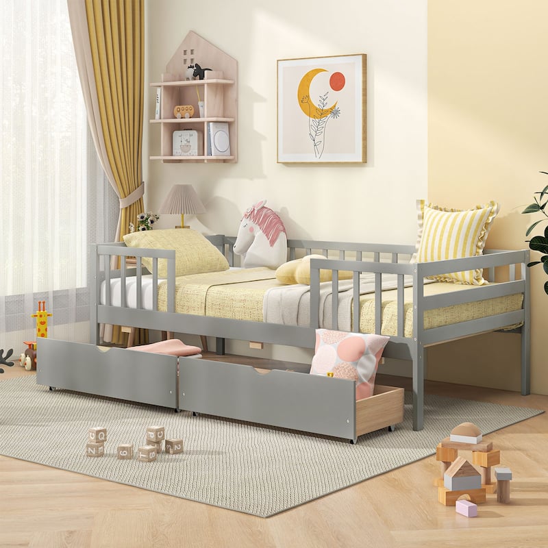 Twin Daybed with Fence and Storage Drawers Kids Bed