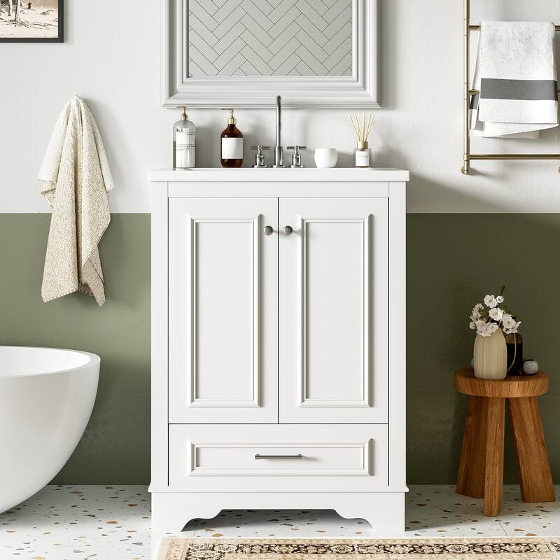 GDFStudio - Halcyon Modern Freestanding Bathroom Vanity with Ceramic Sink and Soft-Closing Storage Doors & Silver Handles