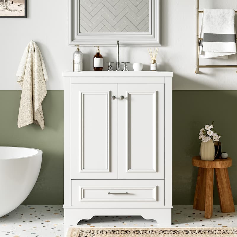 Roomfitters 24" Vanity with Ceramic Sink, Freestanding Cabinet with Silver Handles and Soft Closing Doors