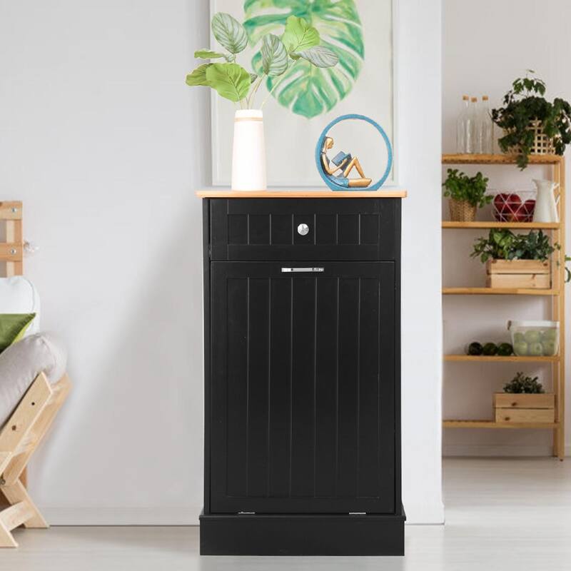 Erommy Tilt Out Trash Cabinet, Wooden Kitchen Trash Can Free Standing Waste Bin, Recycling Hideaway Garbage Can Holder