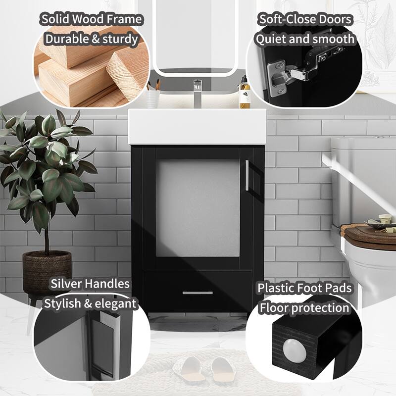 20" MDF Bathroom Vanity with Ceramic Integrated Basin, Solid Wood Legs