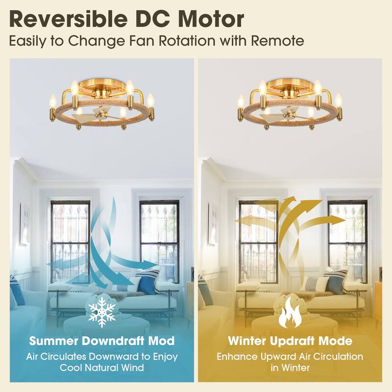 20" Gold Farmhouse Hemp Rope Low Profile Ceiling Fan with Light and Remote - 20.3 in. W × 6.5 in. H
