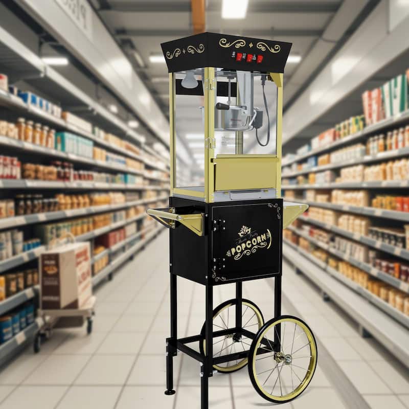 12oz Popcorn Machine Cart, Popcorn Cart with Wheels, Vintage Popcorn Machine with Stainless Steel Kettle