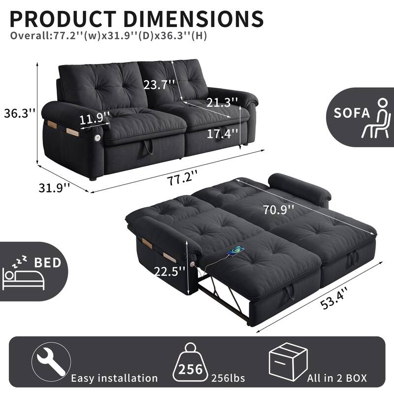 2-in-1 Velvet Pull Out Sleeper Sofa Bed Convertible Loveseat Couch for Sitting, Napping or Sleeping with Side Pockets and USB