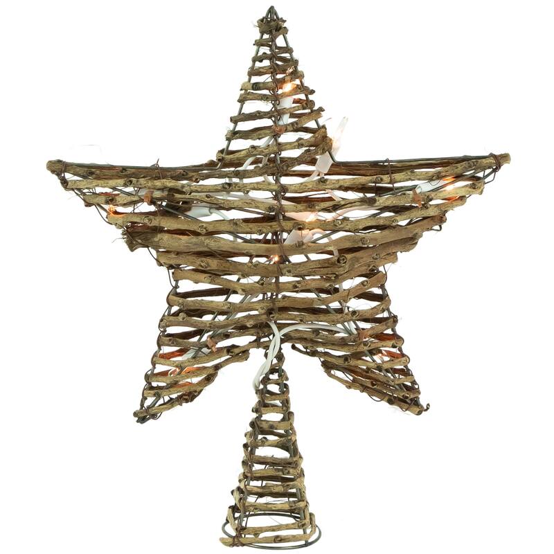 11" Rattan Twigs Star Christmas Tree Topper- Clear Lights White Wire