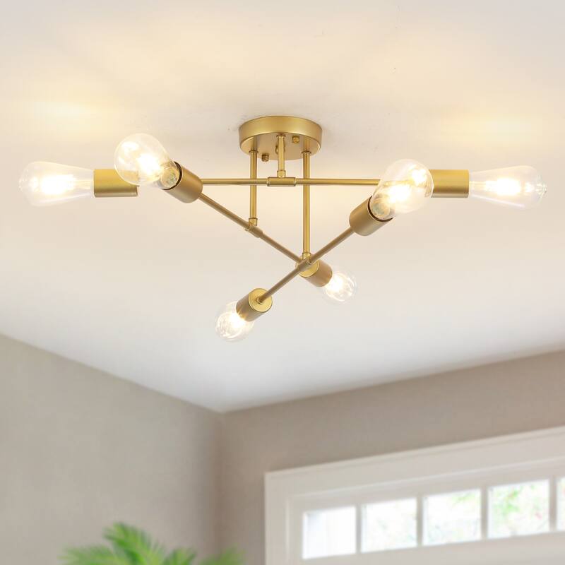 6-Light Dimmable Semi Flush Mount Chandelier for Living Room Bedroom - Gold