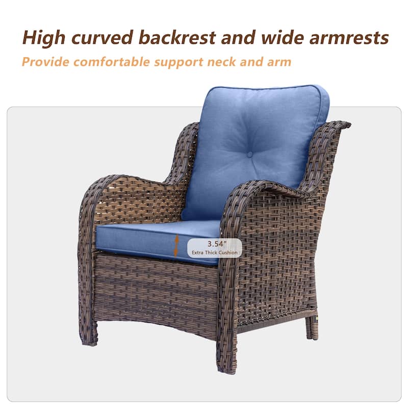 Brown Wicker Outdoor Patio Conversation Sets with Denim Blue Cushions