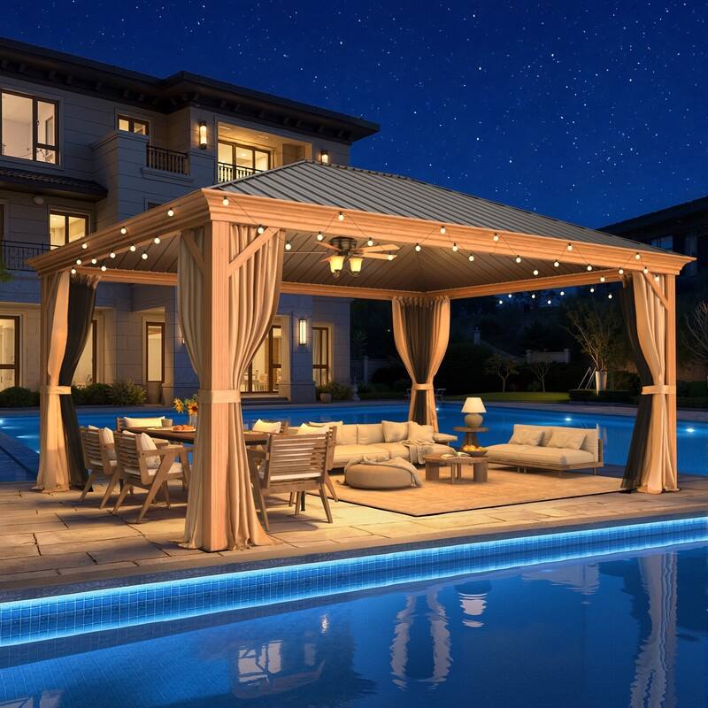 Erommy Pro Series Outdoor Galvanized Steel Roof Gazebo Pergola w/ Aluminum Frame & Vertical Rain Cutter