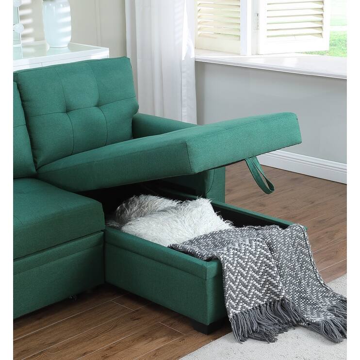 Solid Wood Frame Linen Reversible Sleeper Sectional Sofa with Storage Chaise