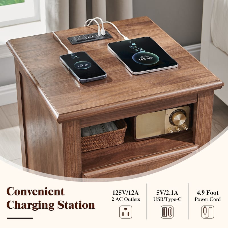 Vintage Wood Nightstand with Charging Station, End Table, Side Table