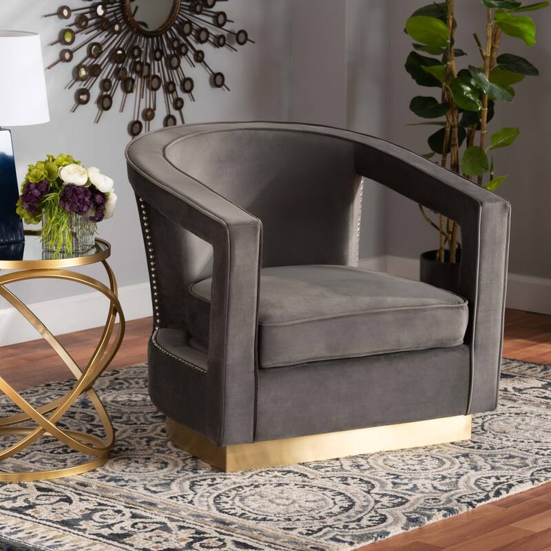 Neville Modern Luxe and Glam Grey Velvet and Metal Armchair