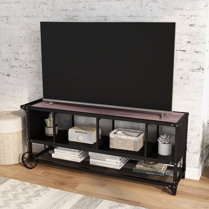 Krueger Rustic Sand Black 68-inch Steel Powder Console with Wire Mesh by Furniture of America