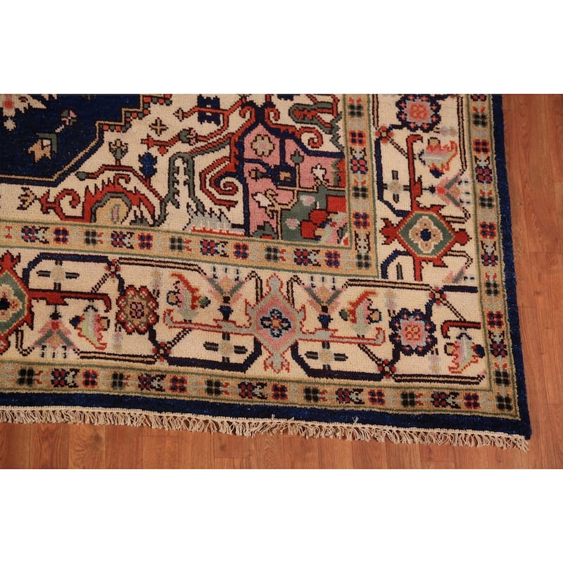 Blue Geometric Heriz Serapi Indian Area Rug Handmade Wool Carpet - 8'9"x 11'11"