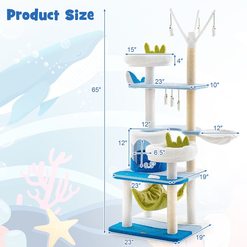 Multi-level Cat Tower with Sisal Covered Scratching Posts-Blue - 23” x 19” x 65” (L x W x H)
