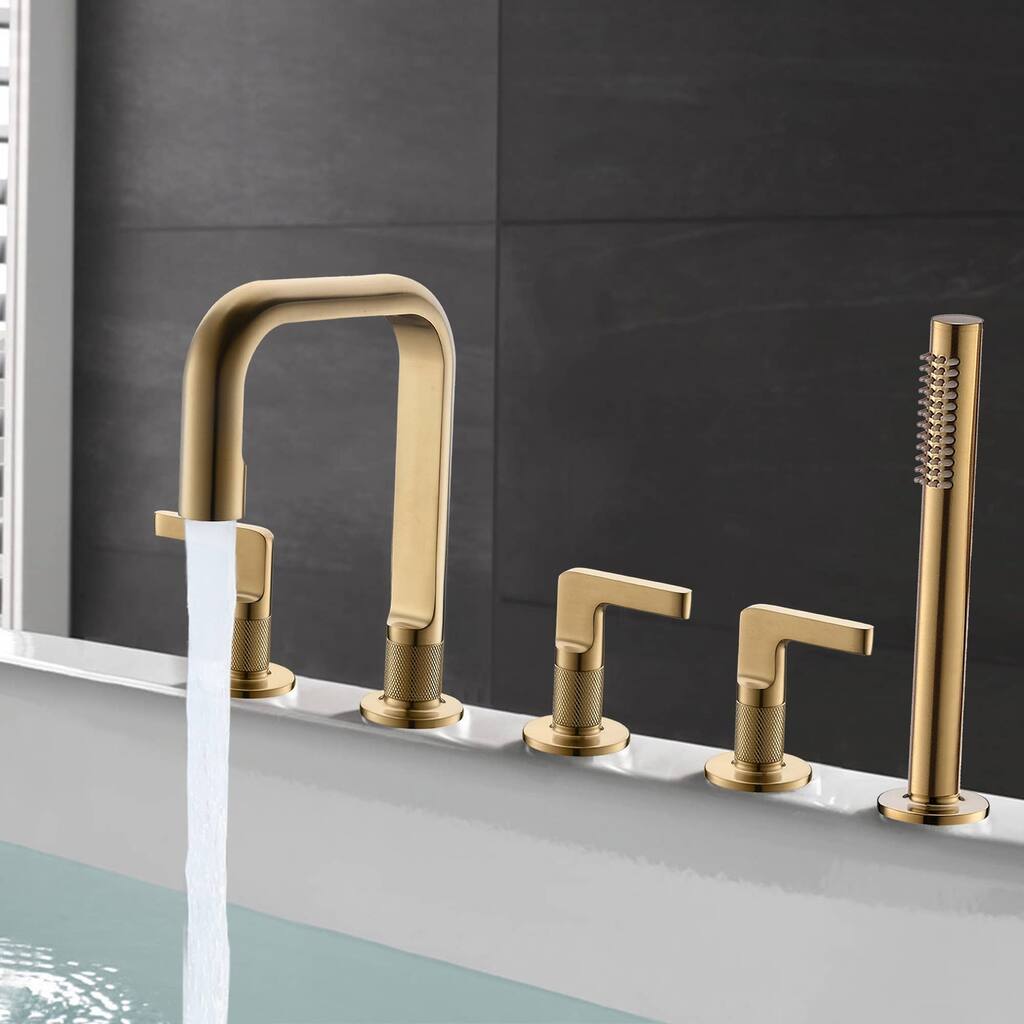 Deck Mounted Bathtub Faucet With Hand Shower Triple Handles 5-Hole Roman Bathroom Tub Filler Modern Bath Faucet Set