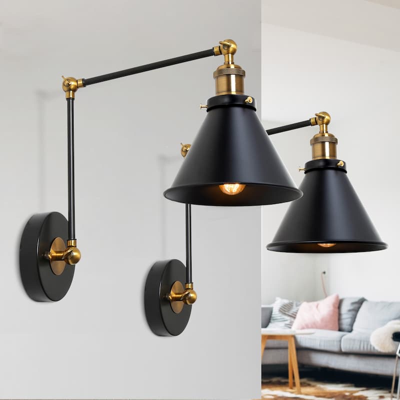 Set of 2 Modern Farmhouse Black Swing Arm Lights Plug-in/Hardwired Wall Sconces - L21" x W7.3 "x H8"