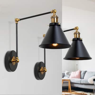 Glint 2-Set Modern Farmhouse Black Plug-in Wall Sconces Industrial Swing Arm Lights - L21" x W7.3 "x H8"