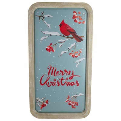 25.5" Wood Framed Blue and Red Merry Christmas Wall Decor with Red Cardinal