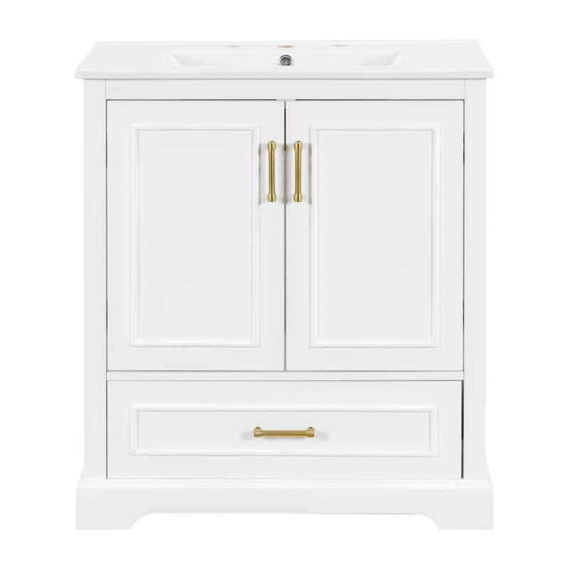 Bathroom Vanity with Ceramic Sink, Freestanding Storage Cabinet with Double Shelf, 1 Divider Drawer & 2 Soft-close Doors