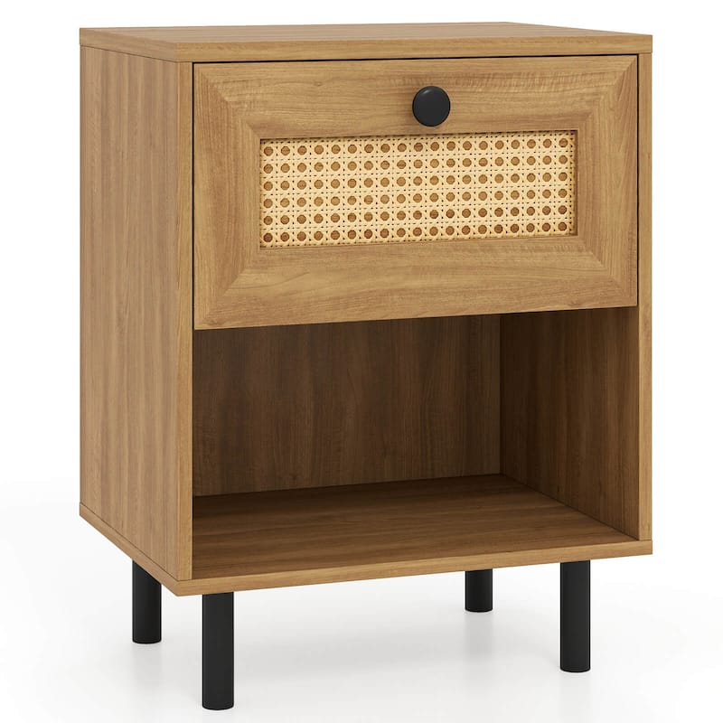 Costway 1/2 PCS Rattan Nightstand Boho End Table with Drawer & Open - See Details