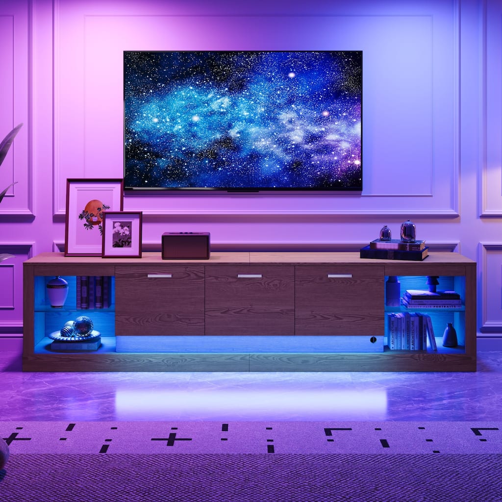 Modern LED TV Stand, for TVs up to 90'' with 6 Cabinets& 2 Open Compartments, for Living Room, Bedroom