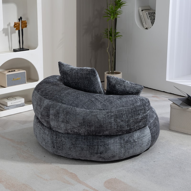 Chenille Oval Bean Bag Chair, Memory Foam Filling Lazy Sofa, Adults Lounge Chair with 3 Pillows & Semi-Wraparound Armrests