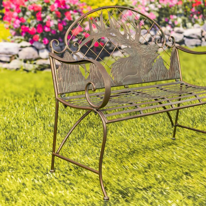 Round Top Iron Garden Bench with Caribou Backrest "Selkirk" - 43.7" L x 20.47" W x 37.4" H