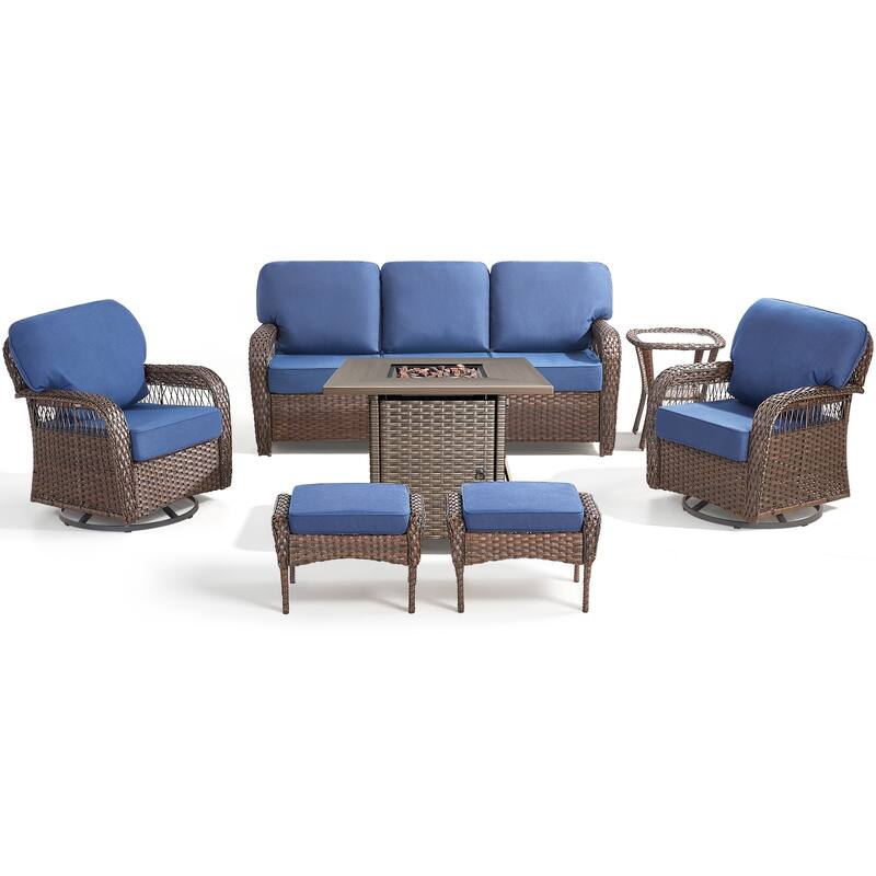 Pocassy Patio Outdoor Fire Table with Sofa Swivel Chair Funiture Set.