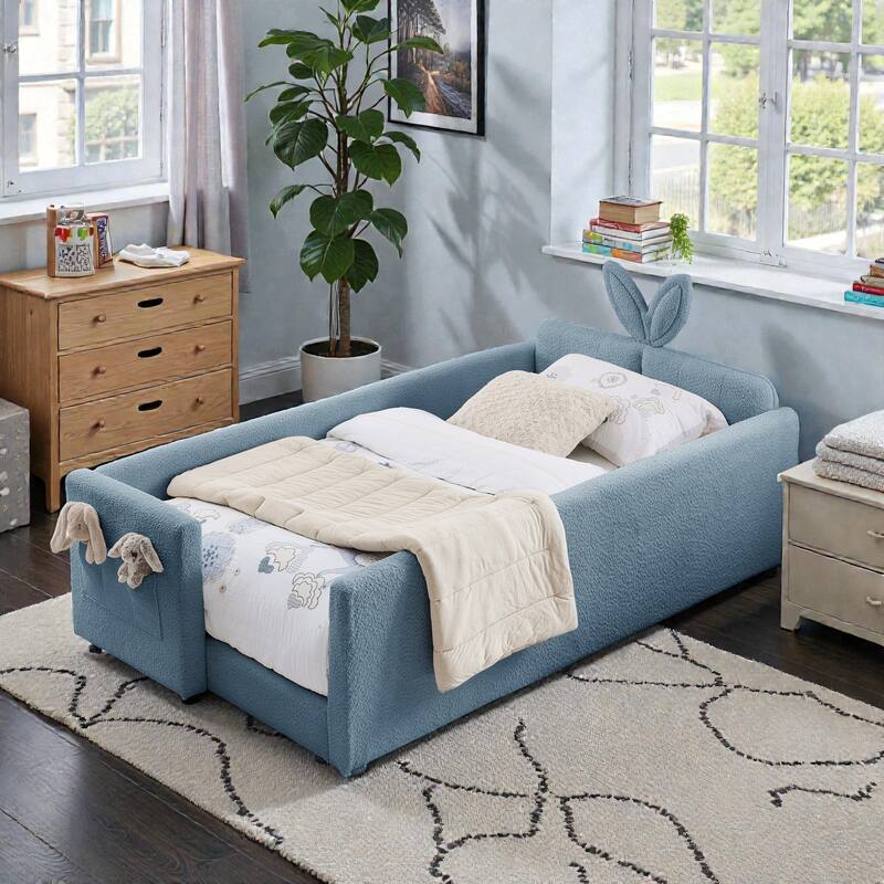 Twin Size Upholstered Platform Bed with Rabbit Ear Headboard, Kids Boucle Fabric Bed Frame with Safety Rail and Pocket - Sky Blue - Twin